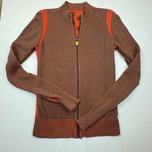 Burton Full Zip Mock‎ Neck Sweater Brown Orange Marled Knit Logo Print Womens S